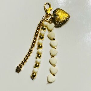 Gold & White Heart Bag Charm/Keychain
